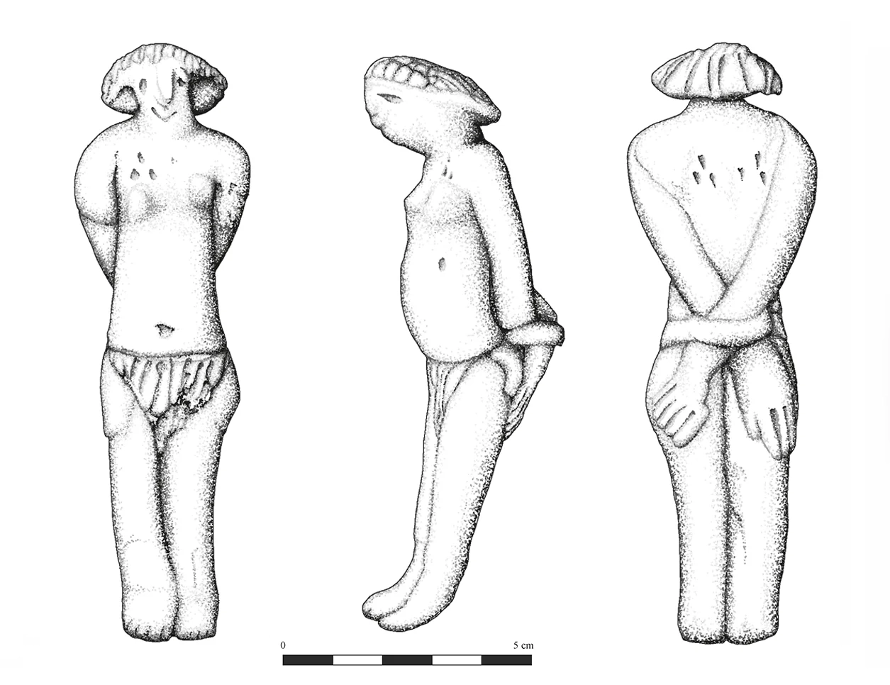 Objektzeichnung einer altägyptischen Ächtungsfigur mit gefesselten Händen auf dem Rücken. Vorder-, Profil- und Rückansicht