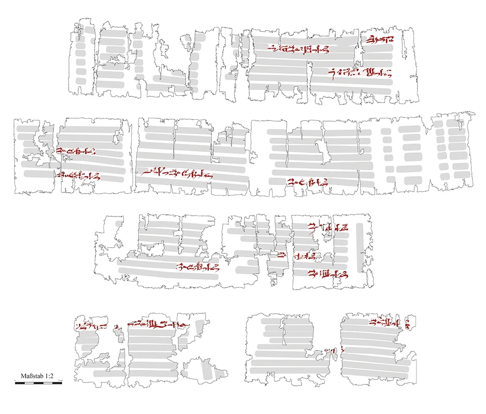 Visualisierung von Gliederungsmitteln wie Rubren und Satzzeichen in Rot auf Fragmenten eines Papyrus